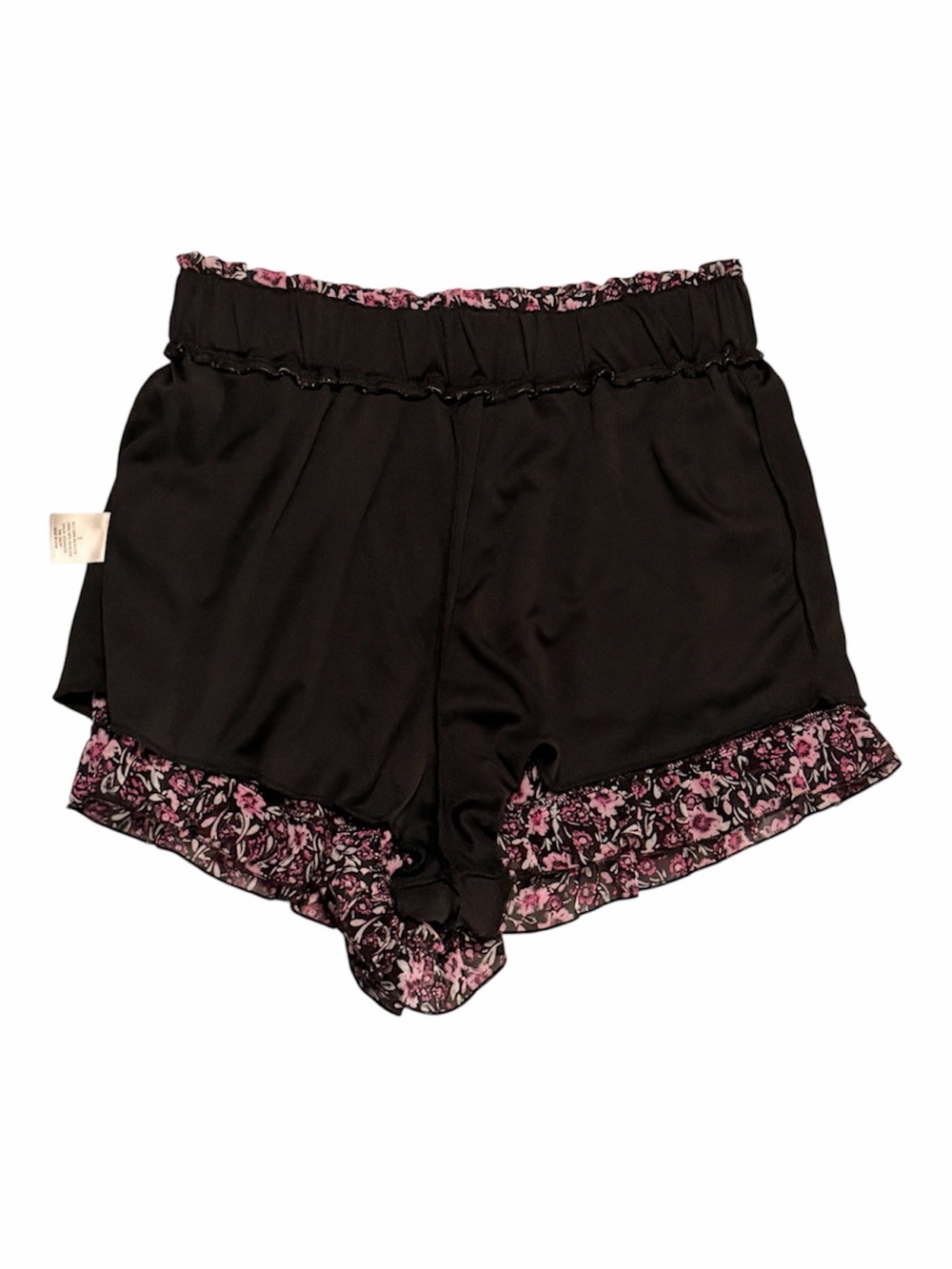 High-Waist Floral Ruffle Hem Shorts — Pink on Black Size Small - Picture 5 of 6